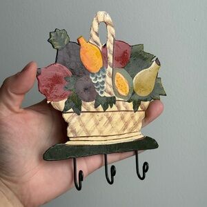 Vintage Kitchen Wall Hooks Hanging Metal Fruit Basket Folk Art Cottagecore